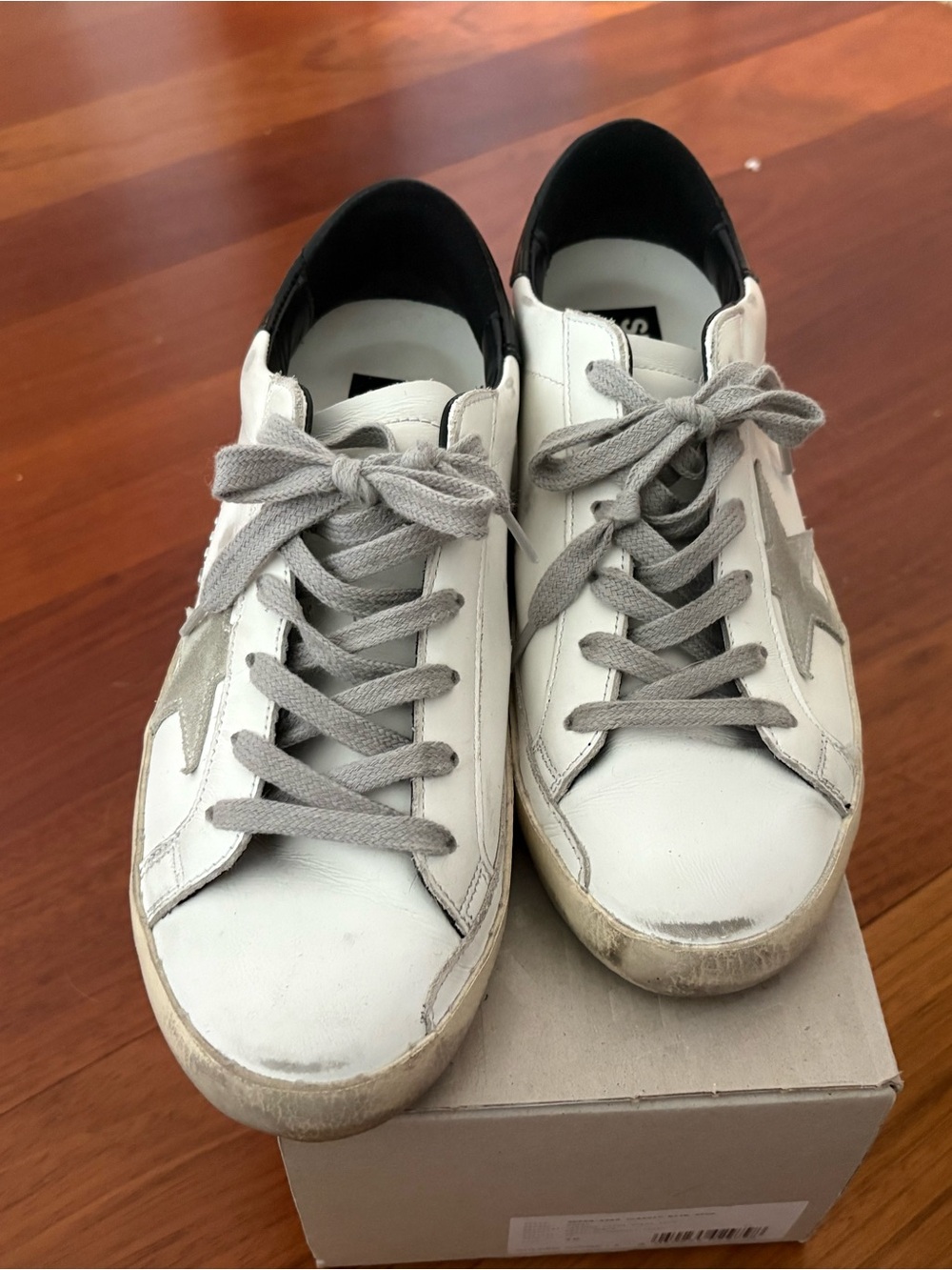 Golden Goose White Leather Sneakers with Gray Star and Laces